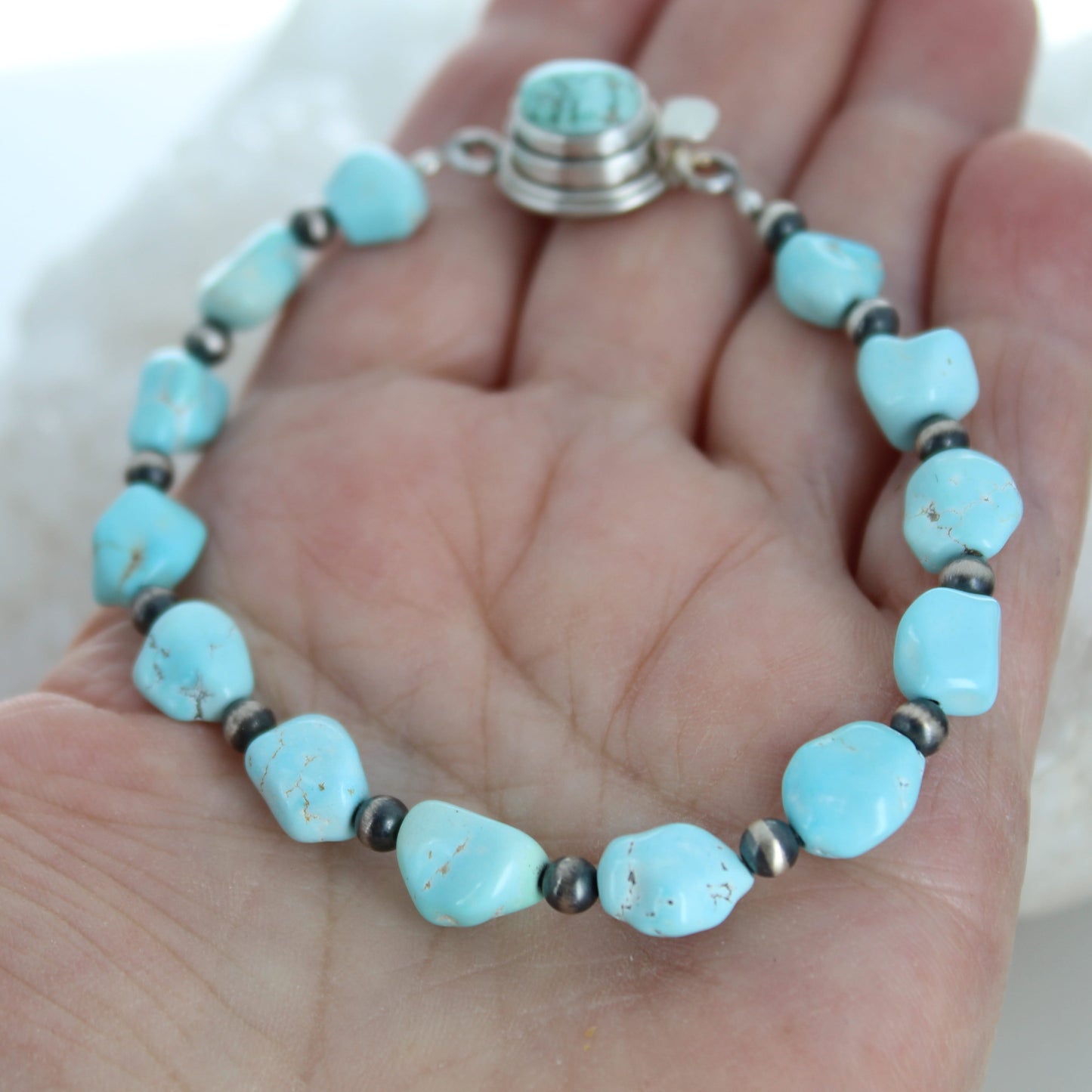 Lone Mountain Turquoise Nugget Beads Bracelet Sterling Silver