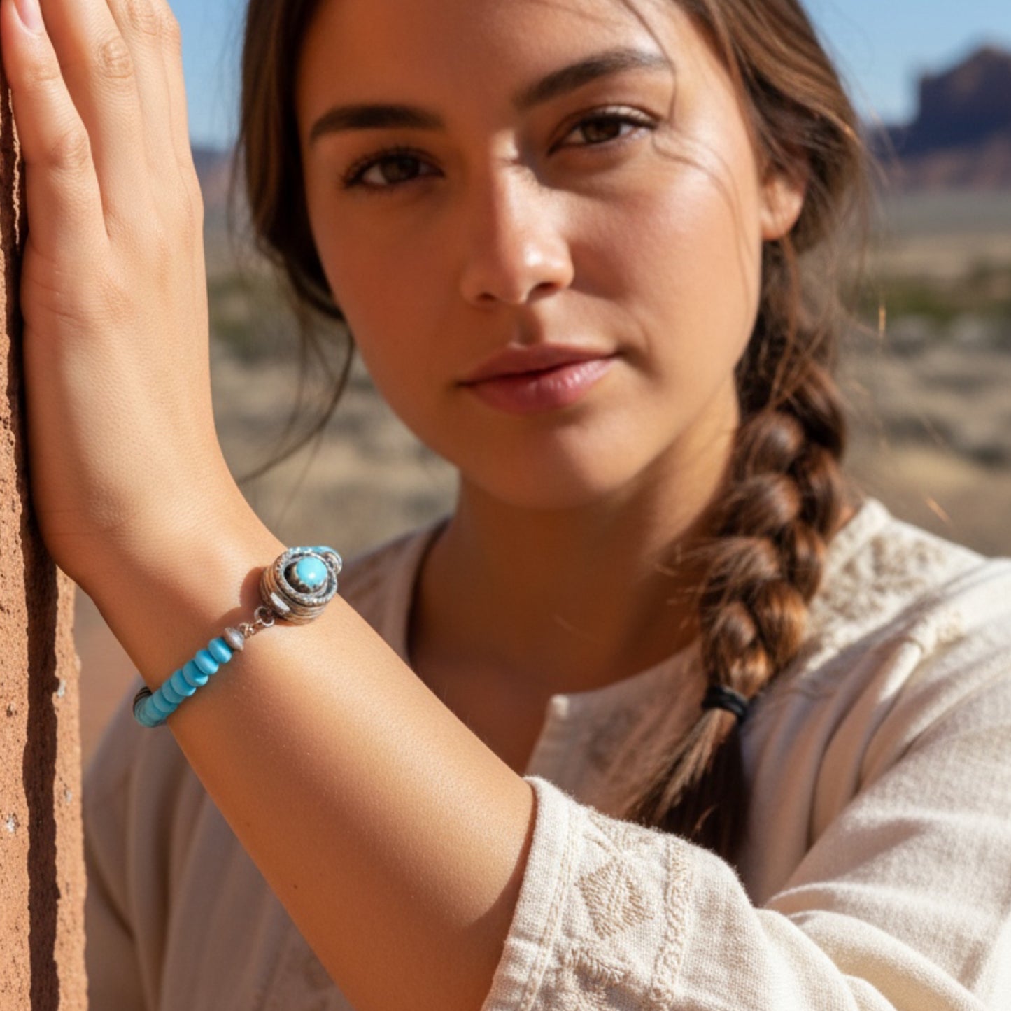 AAA Sleeping Beauty Turquoise Bracelet 5mm Rondelles with Sterling Navajo Pearls