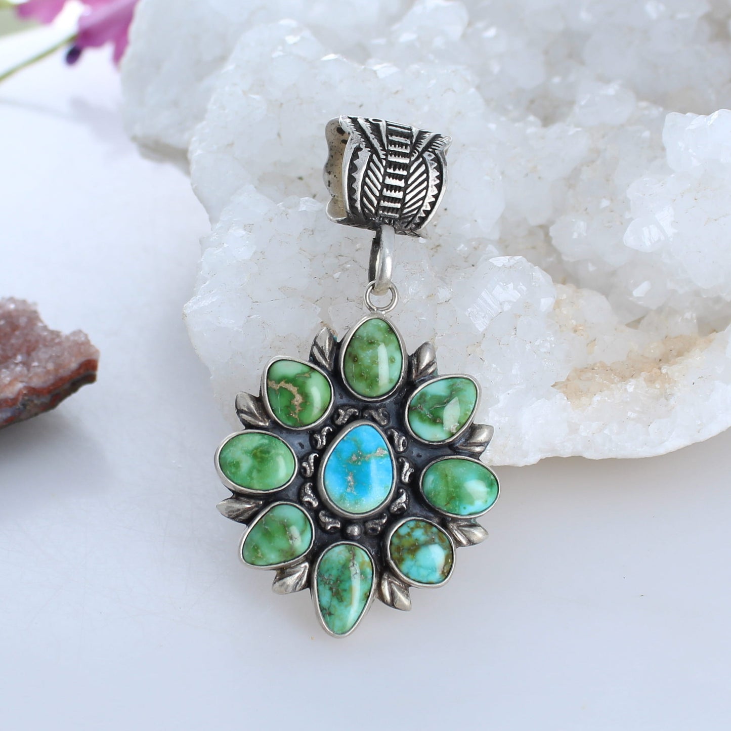 Gorgeous Sonoran Gold Turquoise Flower Pendant Sterling Southwestern Elegance -NewWorldGems