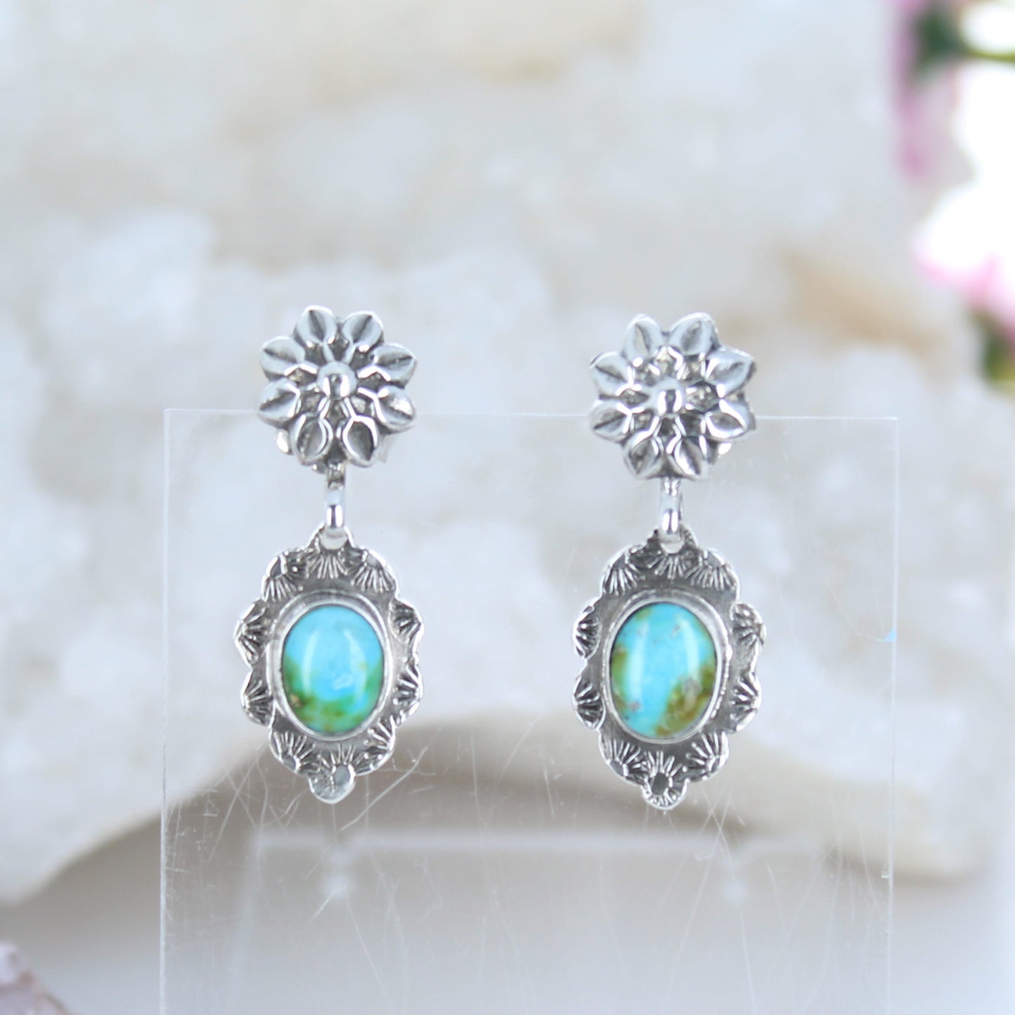 Sonoran Gold Turquoise Earrings Sterling Silver Sun Pattern