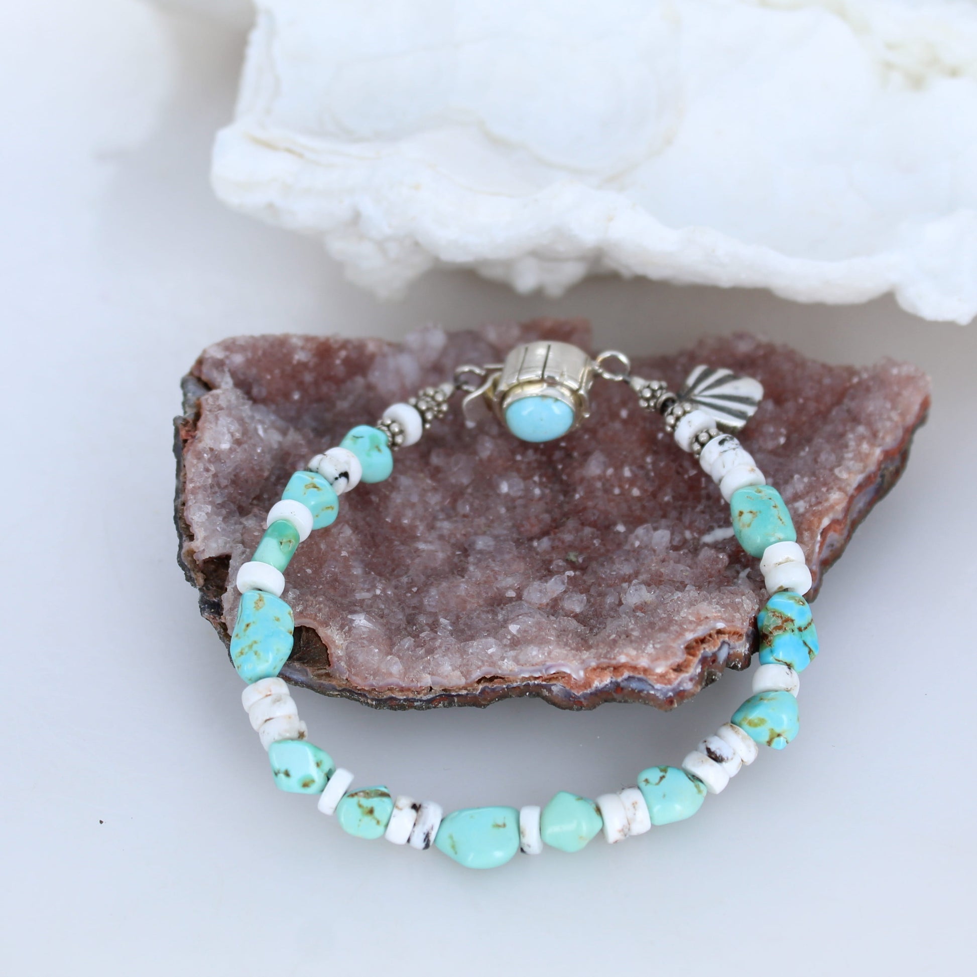 Lone Mountain and White Buffalo Turquoise Nugget Beads Bracelet Sterling Silver -NewWorldGems