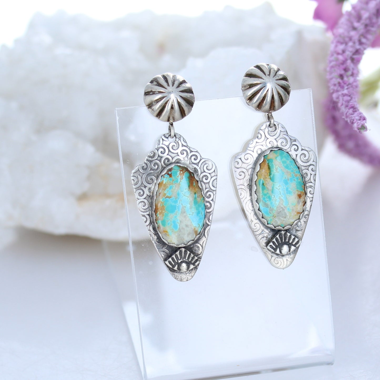 Sterling Arrowhead Earrings Royston Turquoise Eye Design -NewWorldGems