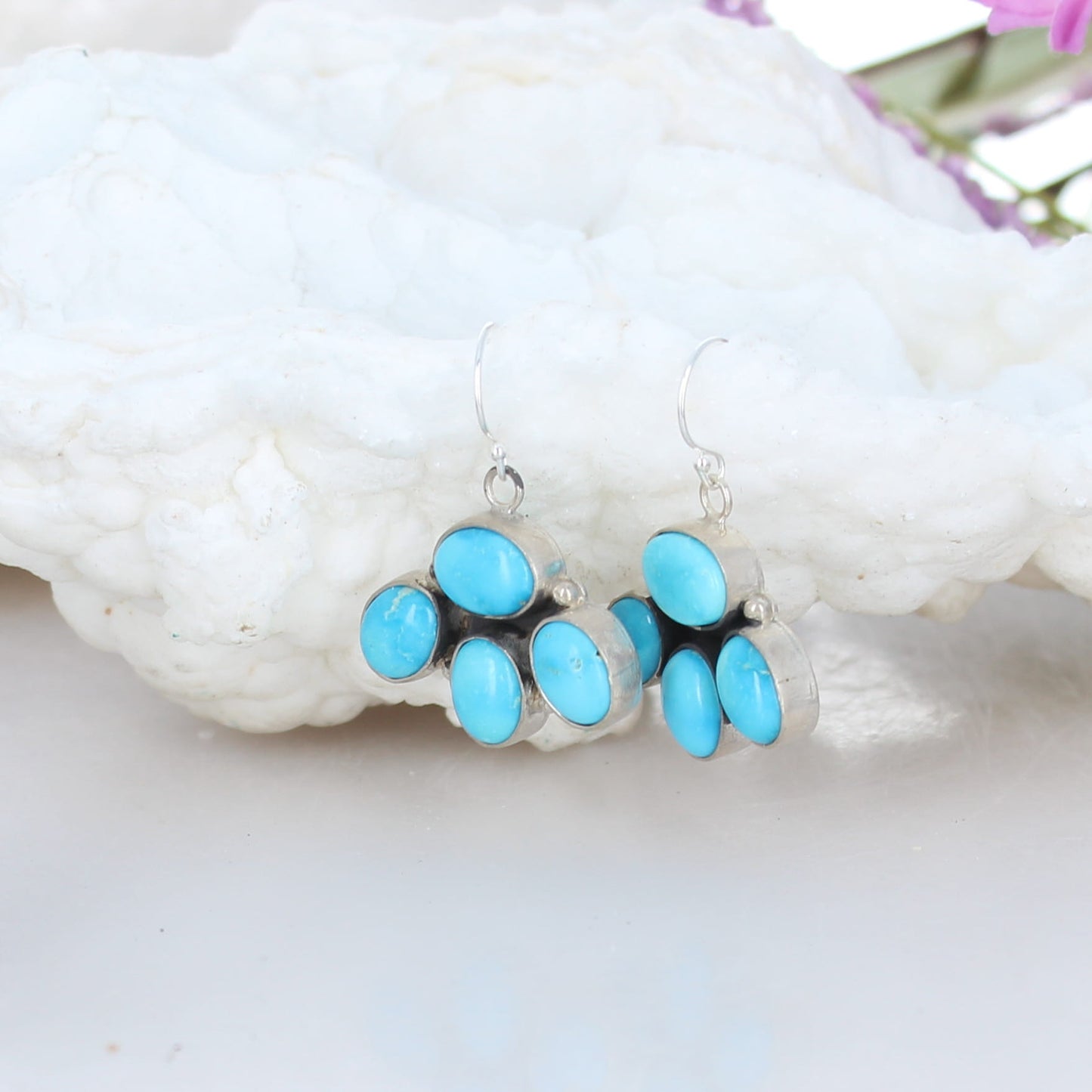 Blue Ridge Orvil Jack Turquoise 3 Petal Earrings Sterling Silver -NewWorldGems