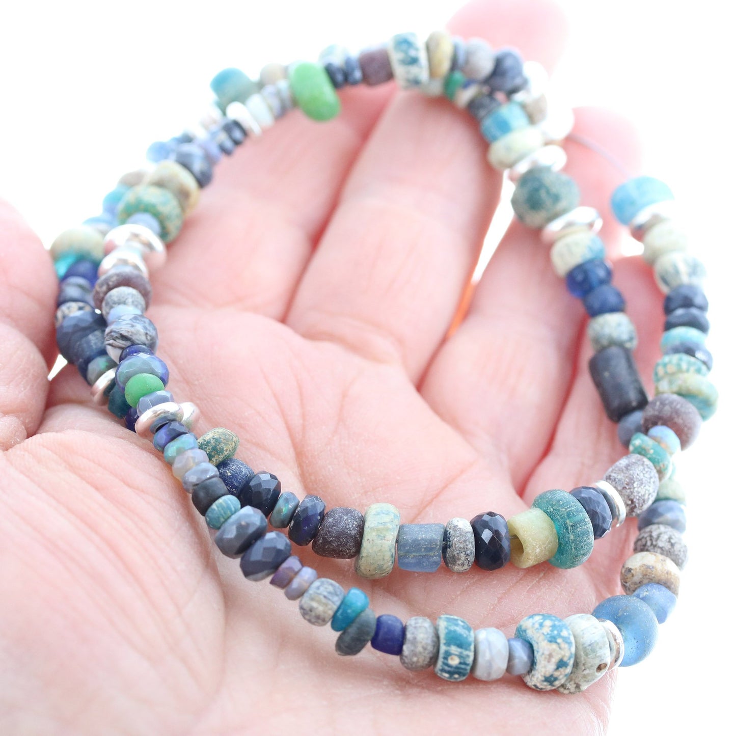 Ancient Mali Dig Beads Necklace Sterling And Black Opals