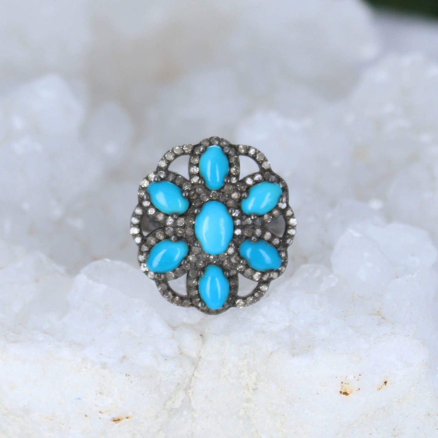 SLEEPING BEAUTY Turquoise and Diamond Cocktail Ring Sterling Silver