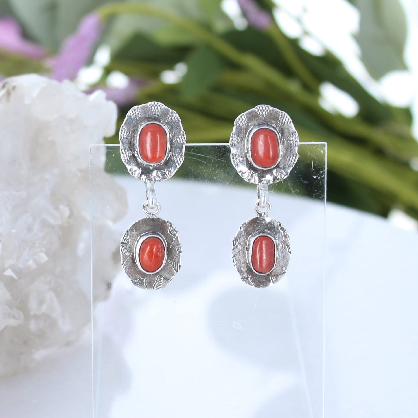 RED ITALIAN Coral Earrings Sterling Silver 2 Stone Stamped Mountain Design