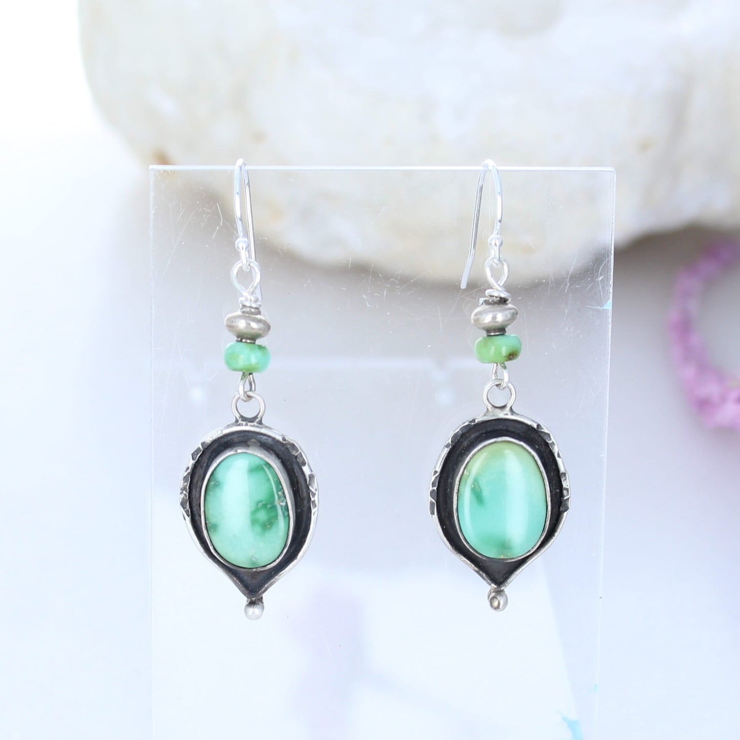 Emerald Valley Turquoise Earrings Sterling Oval Teardrops with Beads -NewWorldGems