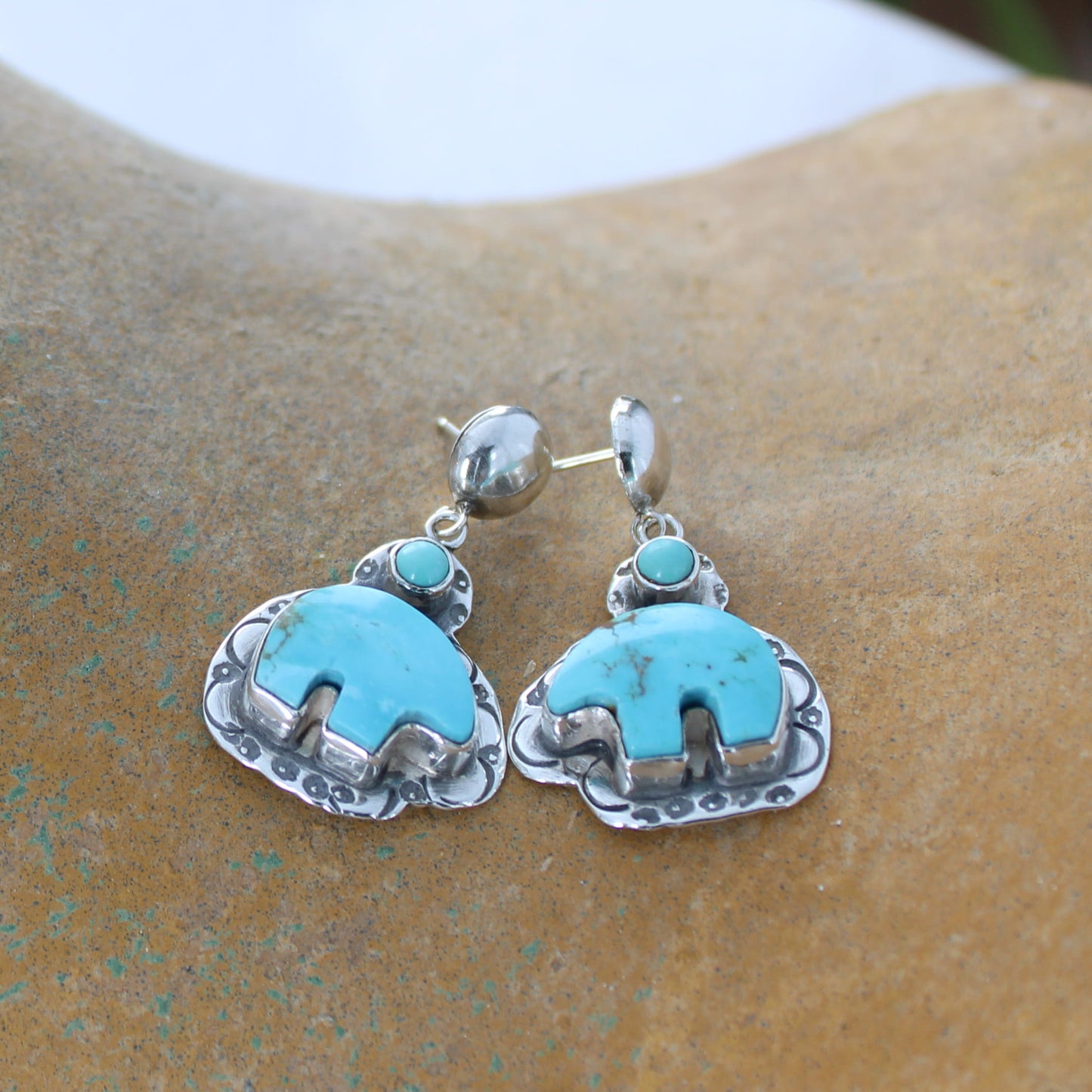 Carved Zuni Bear Kingman Turquoise Earrings Sterling Southwest