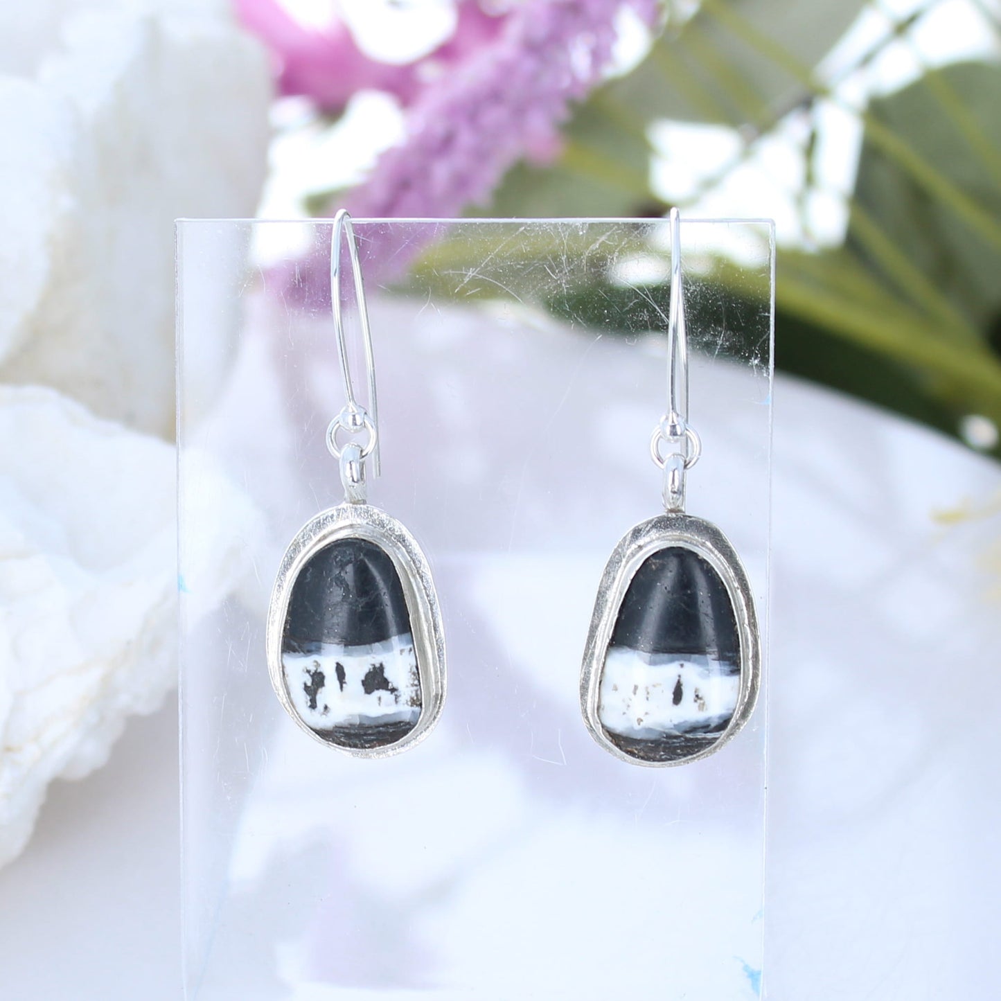 Dramatic WHITE BUFFALO RIBBON Turquoise Earrings Sterling Teardrops -NewWorldGems