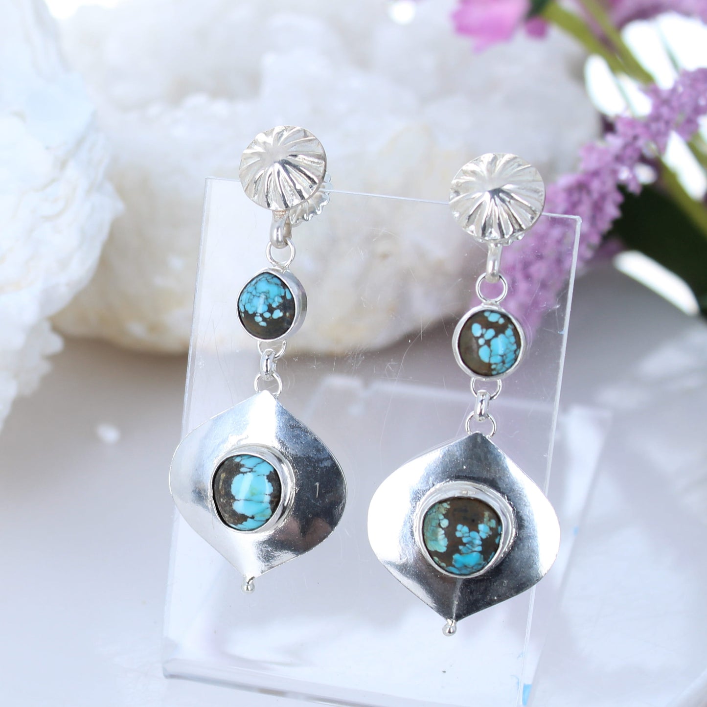 BLUE MOON TURQUOISE Earrings Sterling Arabesque Shaped -NewWorldGems