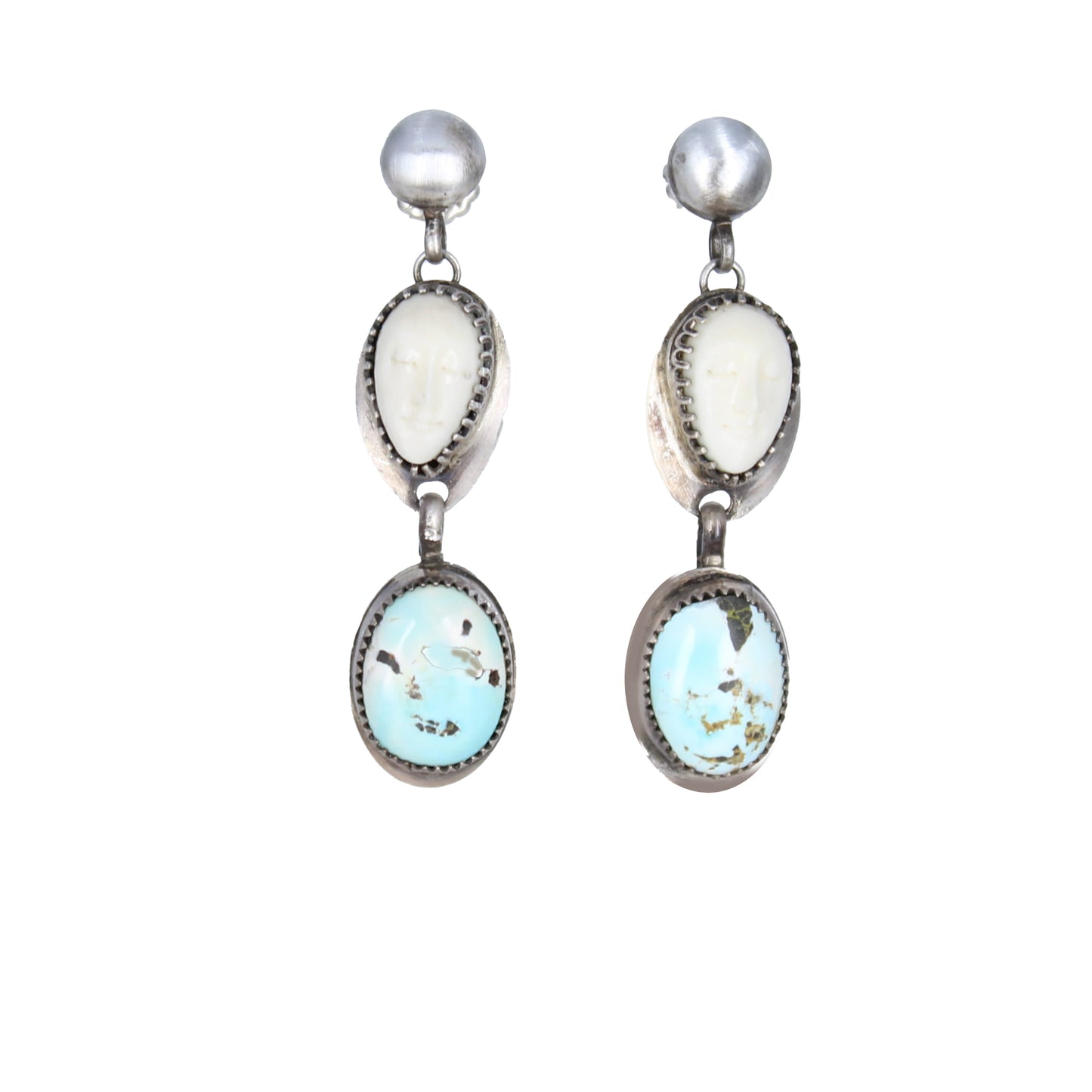 Rare Lone Mountain TURQUOISE EARRINGS Sterling Carved Moon Faces