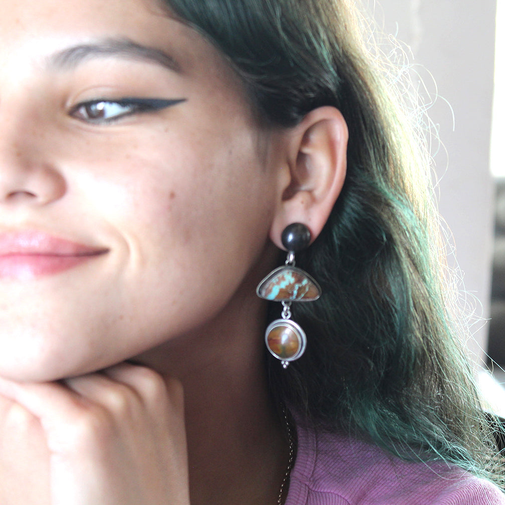 Rich Blue Green Royston Turquoise Earrings Sterling Golden Jasper