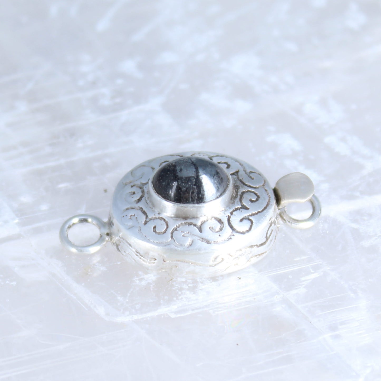Black and Metallic Hematite Sterling Clasp Handmade Etched Design