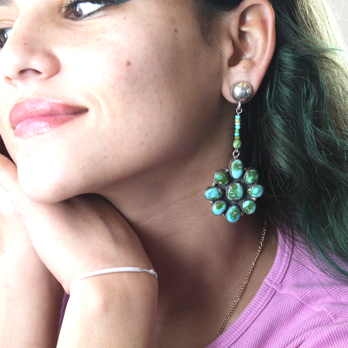 Sonoran Gold Turquoise Earrings Sterling Large Floral with Turquoise Beads 3"