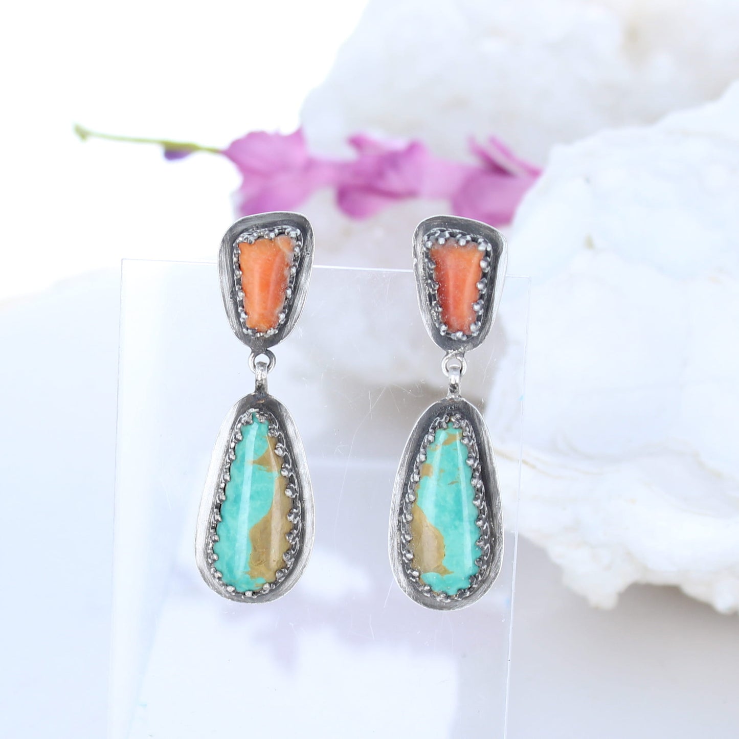Dramatic Royston Turquoise Orange Spiny Oyster Earrings Southwest -NewWorldGems