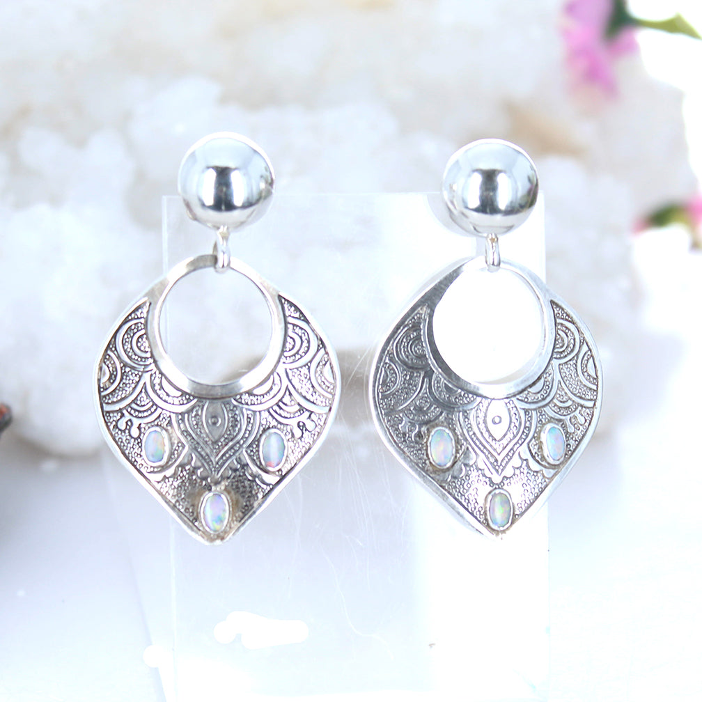 Australian Opal Earrings Arabesque Shaped Sterling Silver