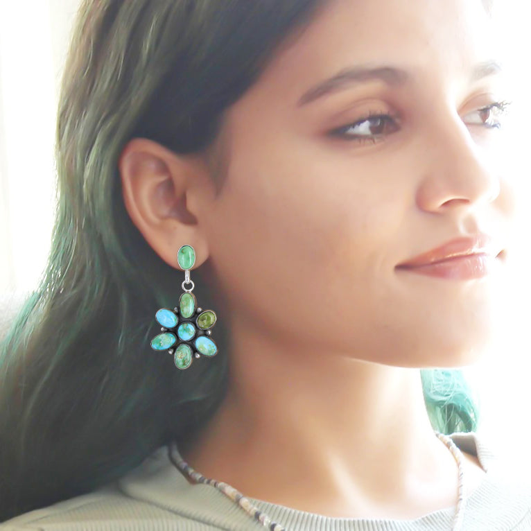 Blue Green Sonoran Gold Turquoise Flower Earrings Southwest 8 Stones NewWorldGems