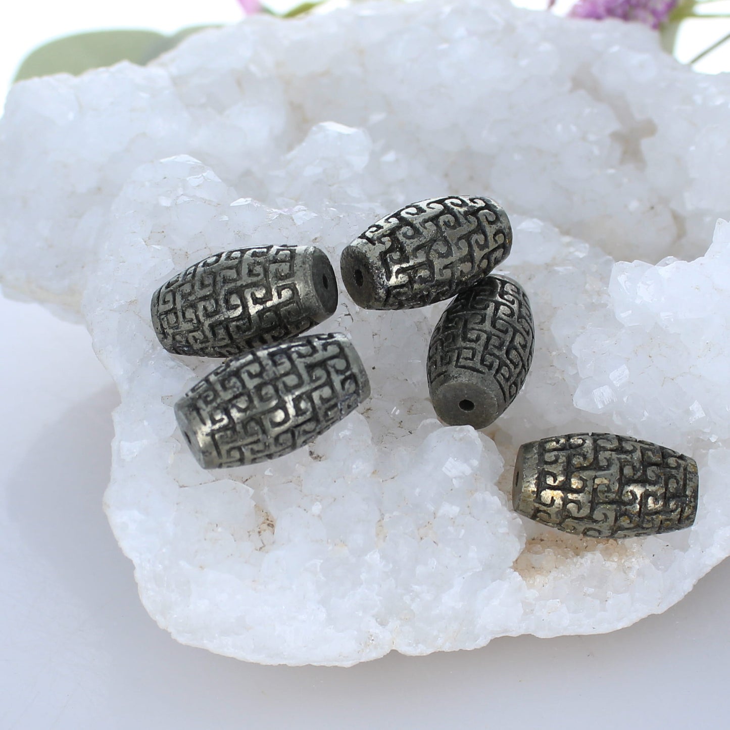 GOLDEN PYRITE Beads Carved Spiral Large Barrels 5pcs -NewWorldGems