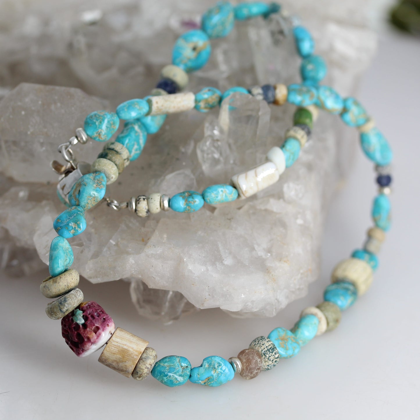 Ancient Glass Beads and Blue Ridge Orvil Jack Turquoise Necklace Sterling NewWorldGems