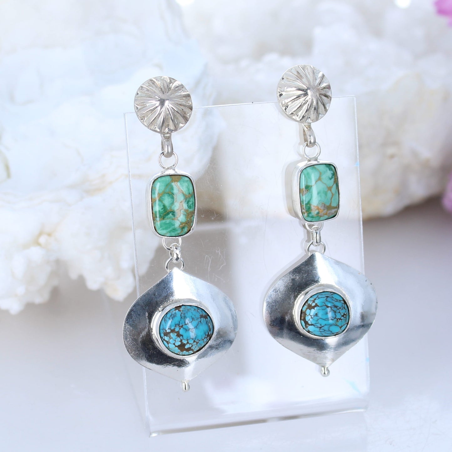 Orvil Jack and Blue Moon TURQUOISE Earrings Sterling Sweeping Dangles -NewWorldGems