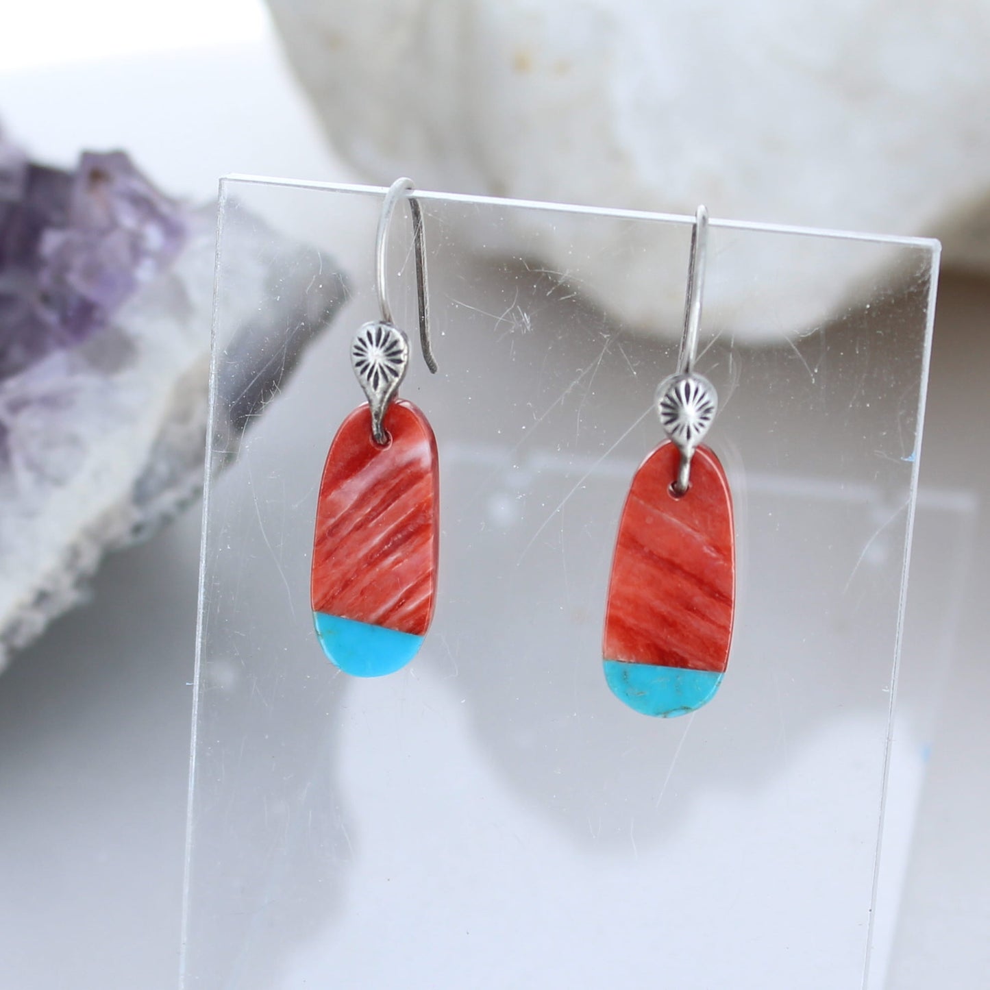 Kingman Turquoise Earrings with Spiny Oyster Teardrops Sterling -NewWorldGems