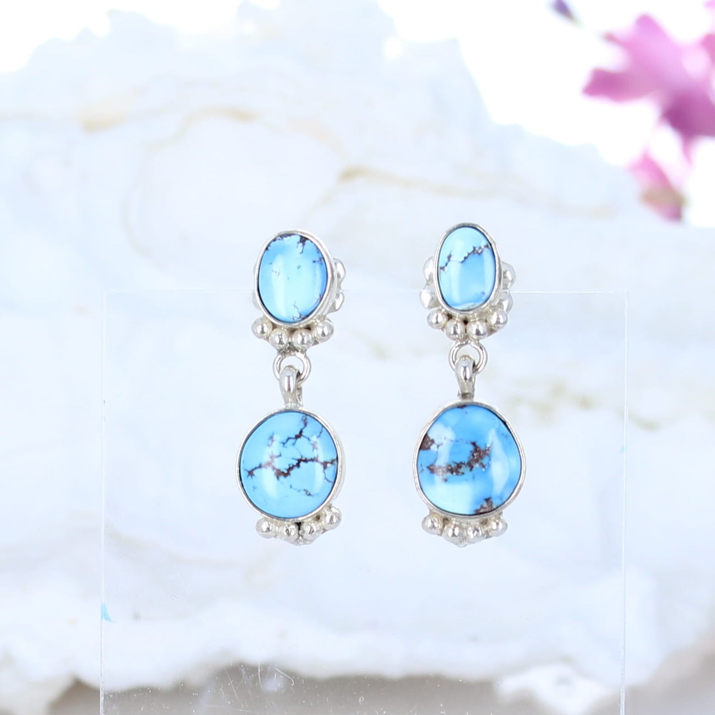 KAZAKHSTAN TURQUOISE 2 Stone Earrings Sterling Silver -NewWorldGems