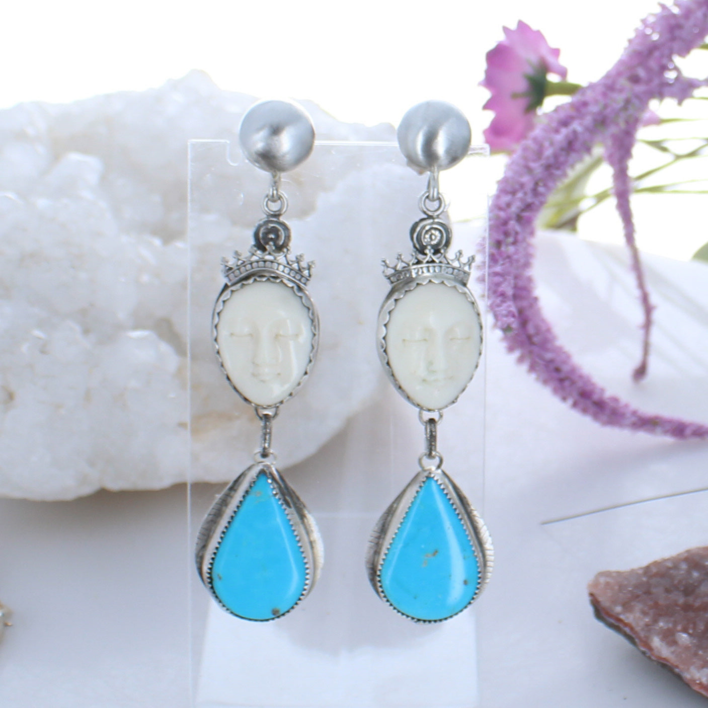 Bright Blue Kingman Turquoise Earrings Sterling Carved Moon Faces Large -NewWorldGems