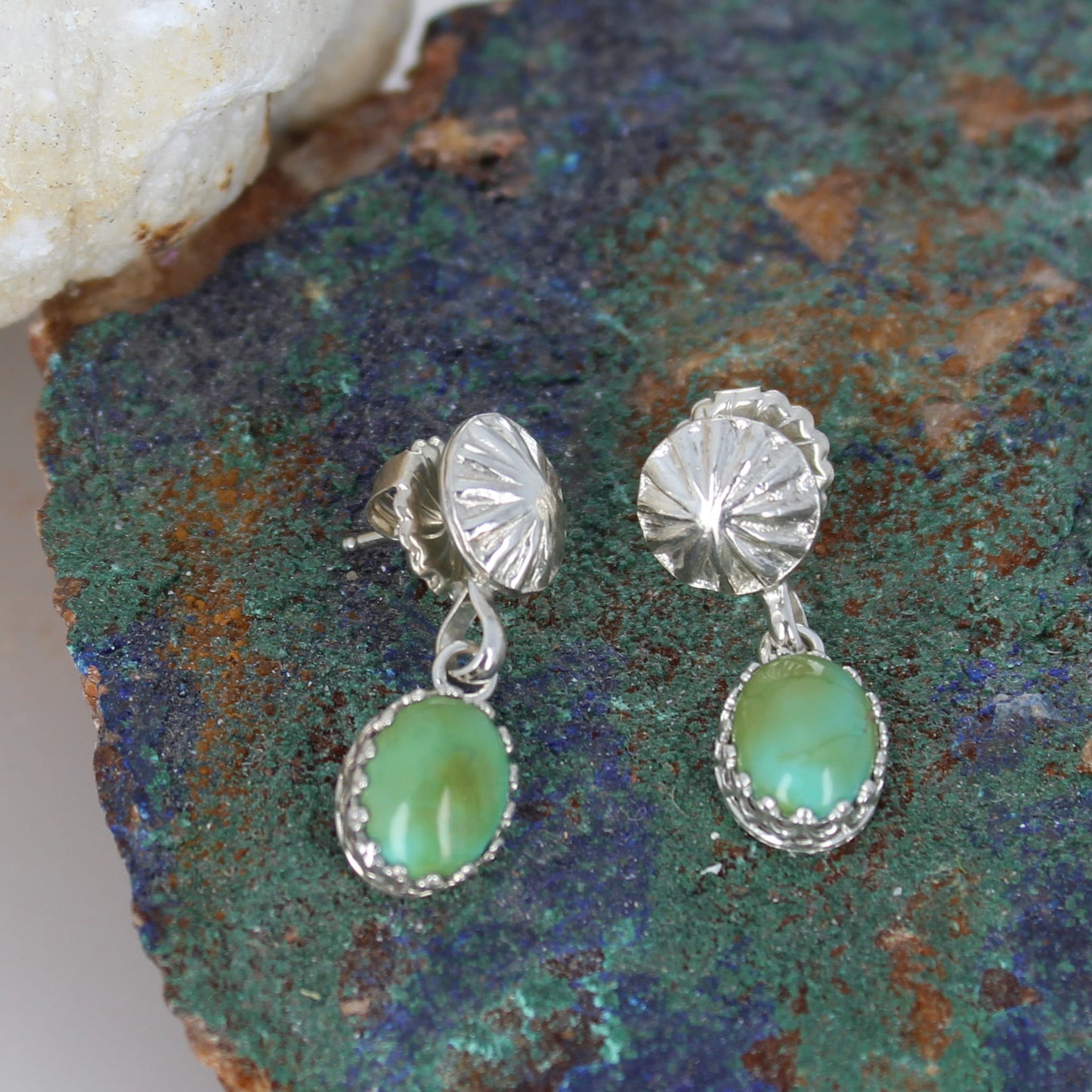 Green Sonoran Gold Turquoise Earrings Sterling Silver Drops