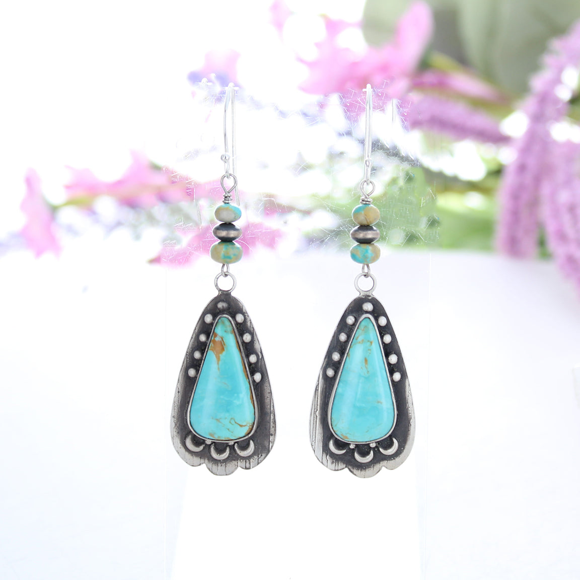 Beautiful Sky Blue Kingman Turquoise Earrings Long Teardrops with Moon Design