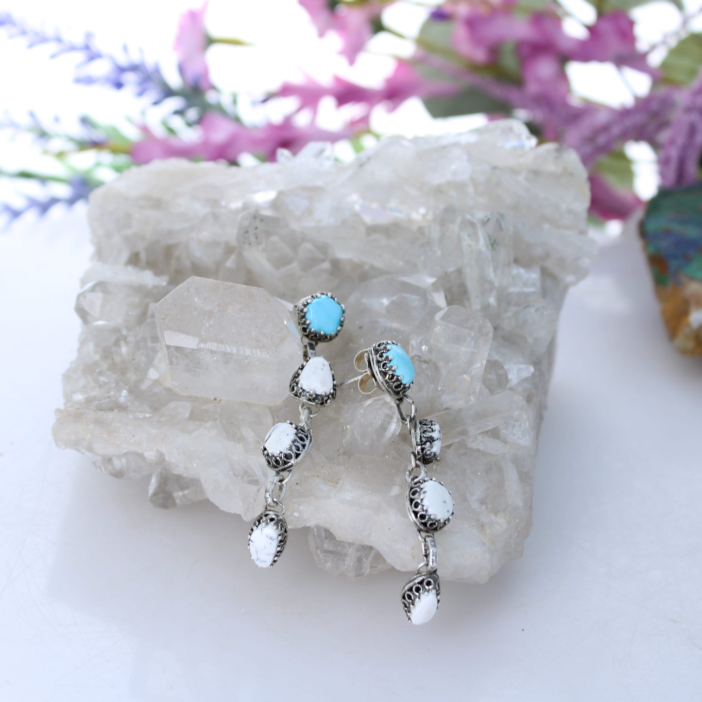 AAA Nevada LONE MOUNTAIN White Buffalo TURQUOISE Earrings 4 Stone Sterling