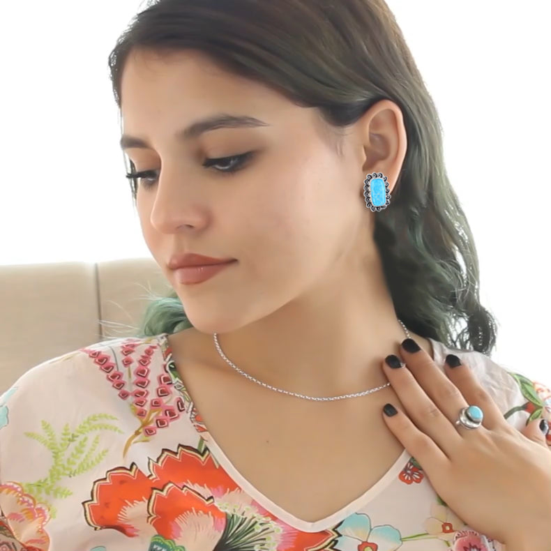 Armenian Turquoise Portrait Earrings Post Spiral Cushions