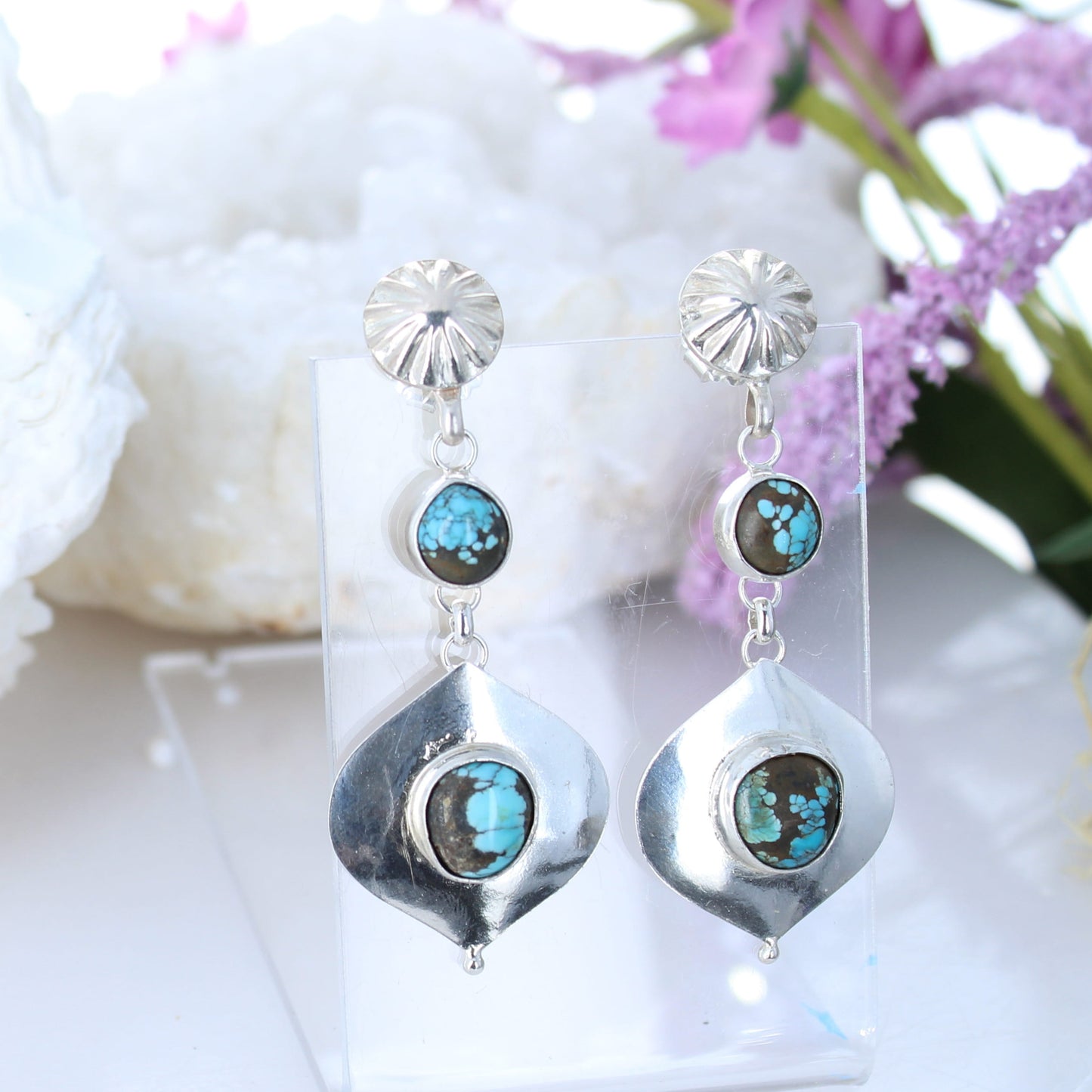 BLUE MOON TURQUOISE Earrings Sterling Arabesque Shaped -NewWorldGems