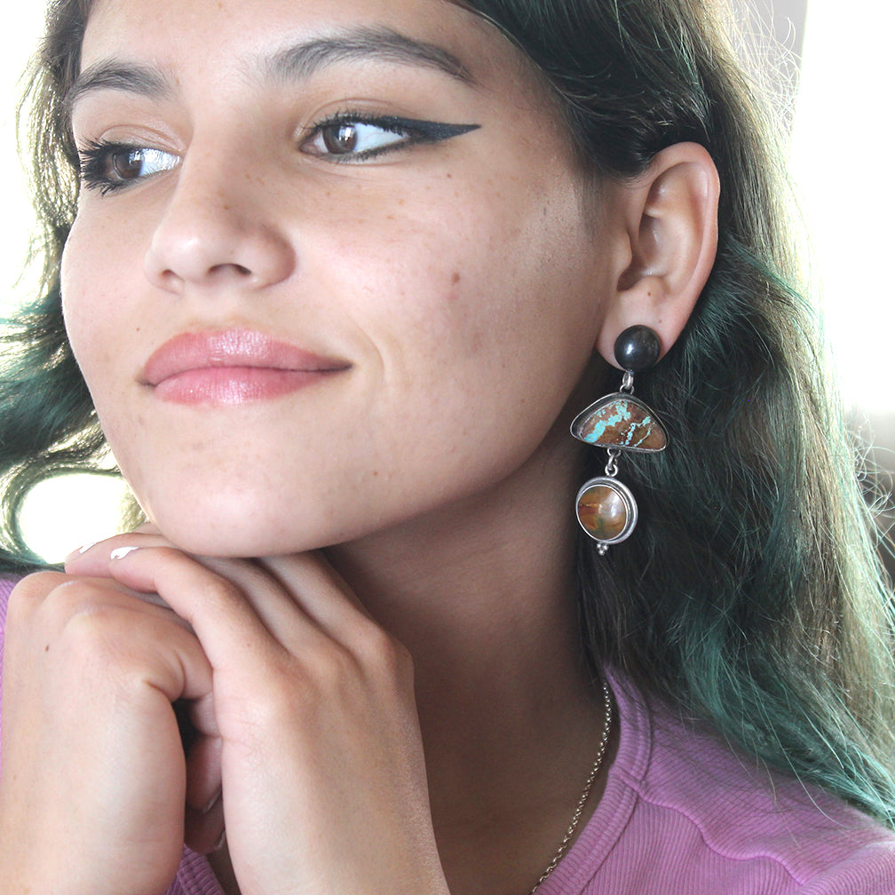 Rich Blue Green Royston Turquoise Earrings Sterling Golden Jasper