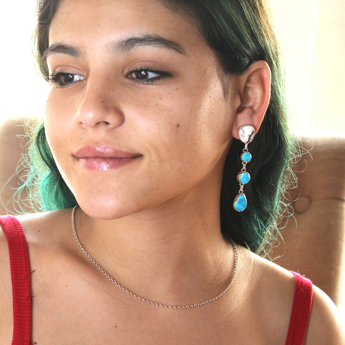 Blue Ridge and White Buffalo Turquoise Earrings Sterling 4 Stone