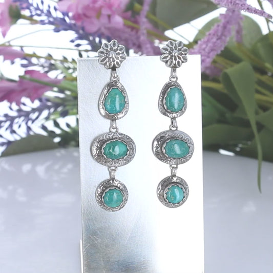 Emerald Valley Turquoise Earrings 3 Stone Spiral Design 3"