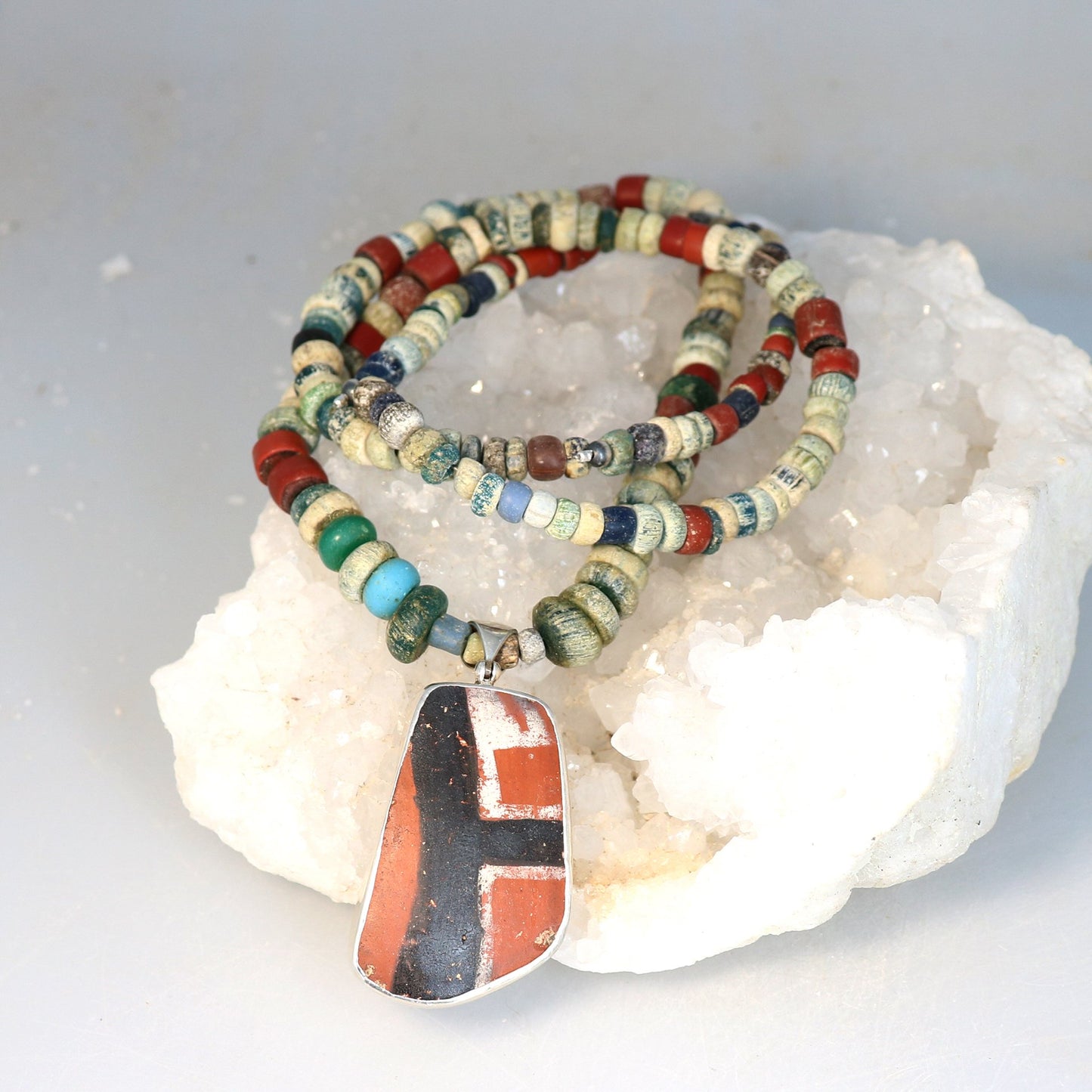 Djenne Ancient Blue Glass Beads Necklace With Anasazi Pottery Pendant -NewWorldGems