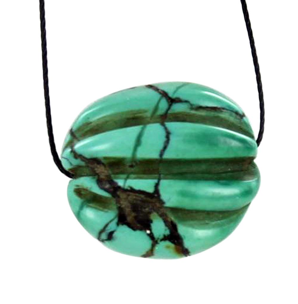 Antique Tibetan Carved Turquoise Melon Bead -NewWorldGems