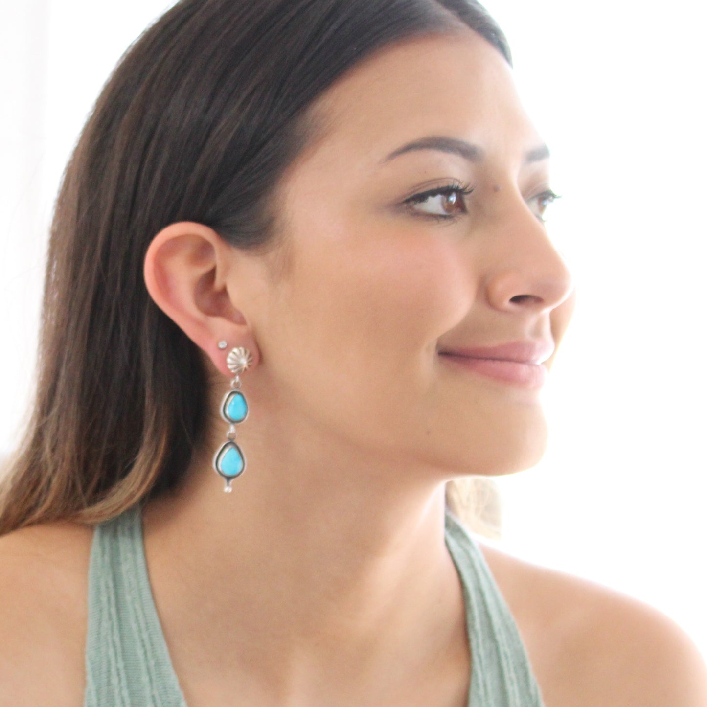 Blue Ridge Orvil Jack Turquoise Earrings 2 Stone Sunburst Post -NewWorldGems