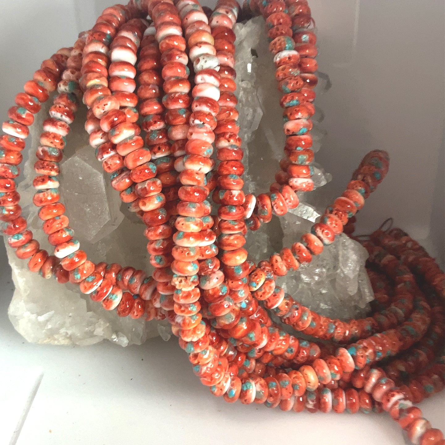Light Red Spiny Oyster Beads With Turquoise Inlay 16" 8mm -NewWorldGems