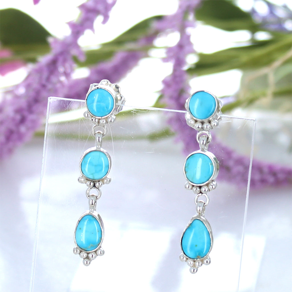 Blue Ridge Turquoise 3 Stone Earrings Sterling Silver Unique Handmade -NewWorldGems