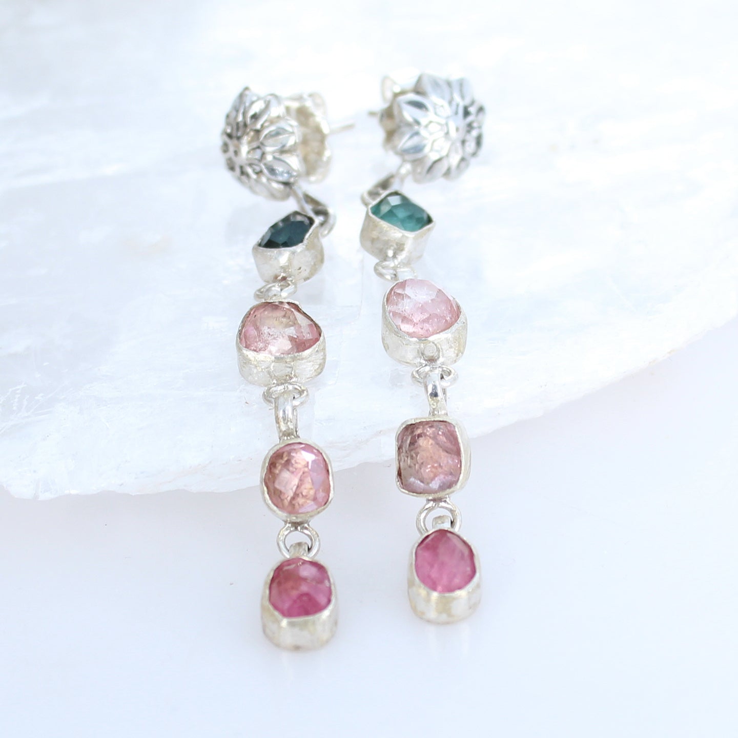 Blue and Pink Tourmaline Sterling Earrings 4 Stone Beauties #2 -NewWorldGems