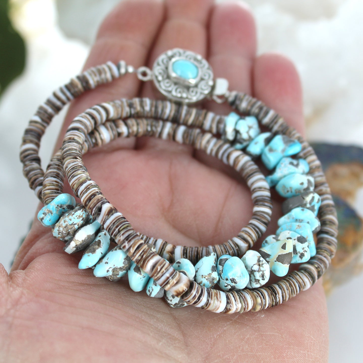 Lone Mountain Turquoise Necklace with Shell Heshi Sterling -NewWorldGems