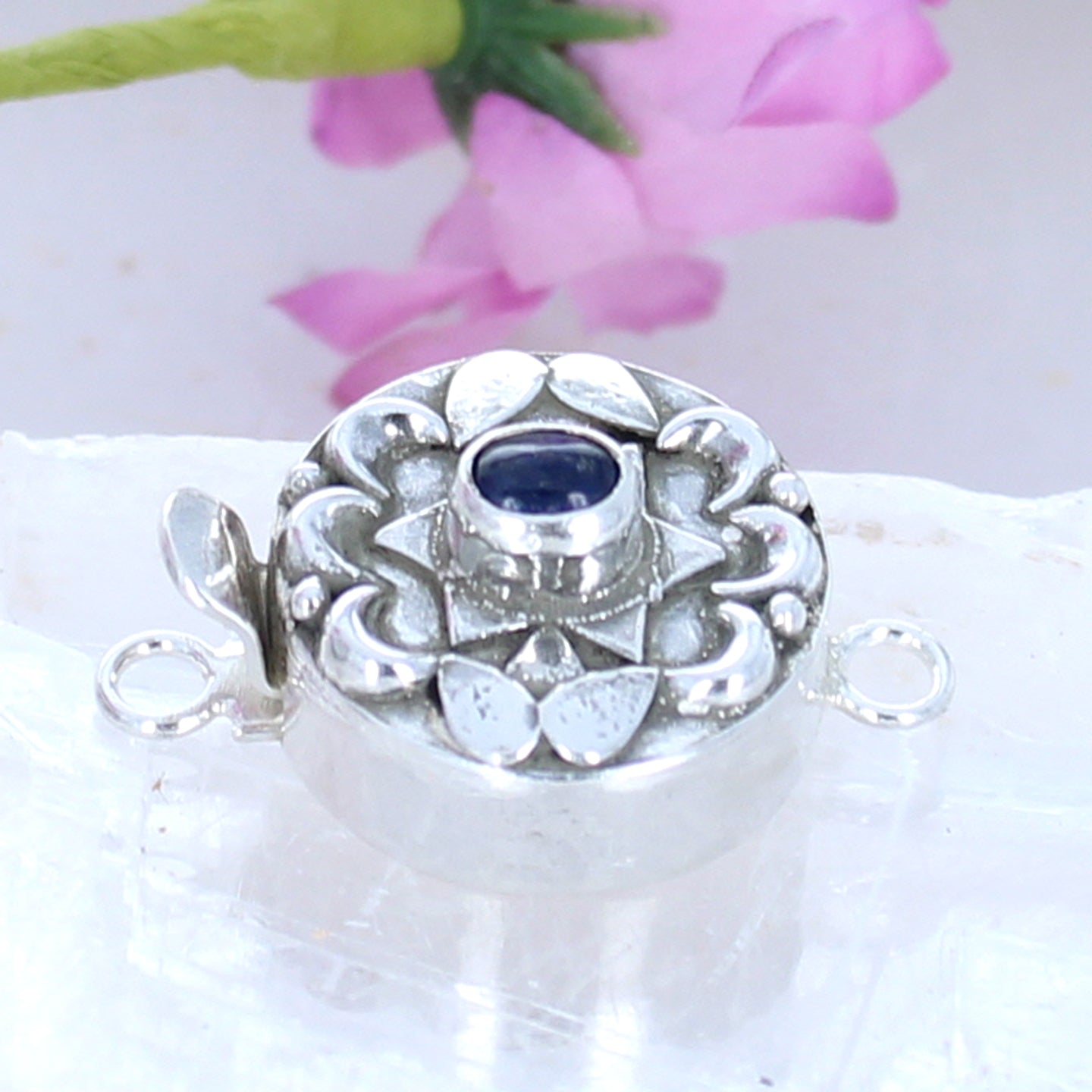 Blue Sapphire Clasp Moon Lotus Oval Sterling Silver 6x4mm -NewWorldGems
