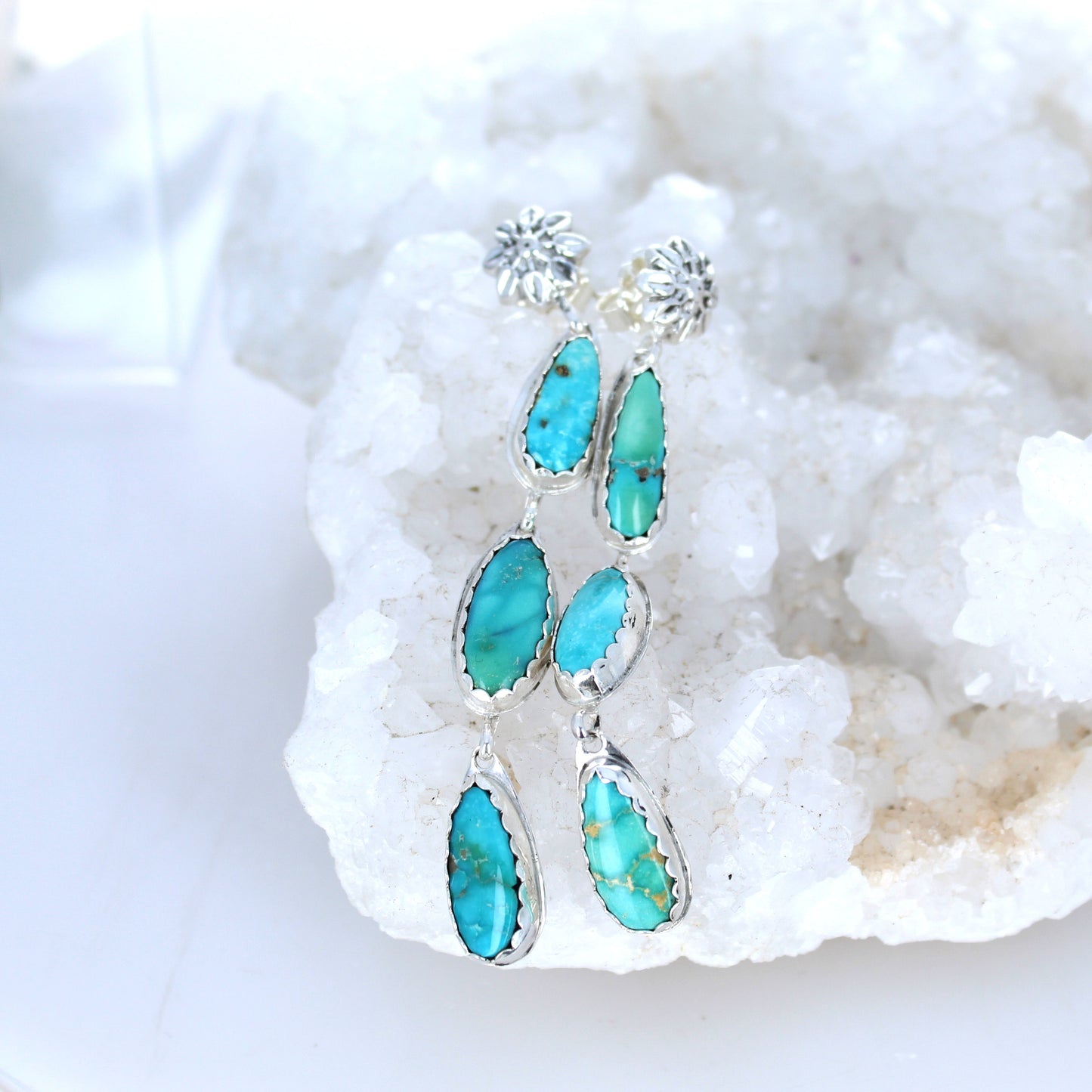 Emerald Valley Turquoise Earrings 3 Stone Dangles Floral Post -NewWorldGems