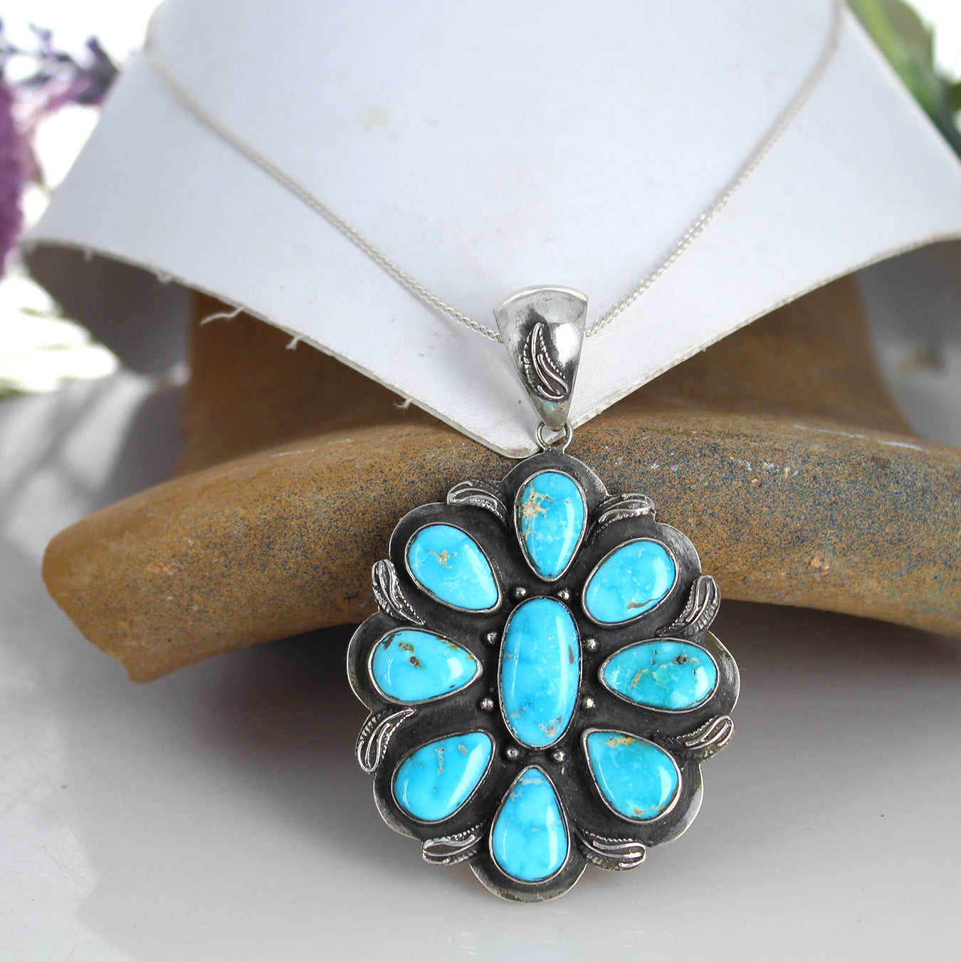 Blue Ridge Nevada Turquoise Pendant Sterling Silver 9 Stone 3" -NewWorldGems
