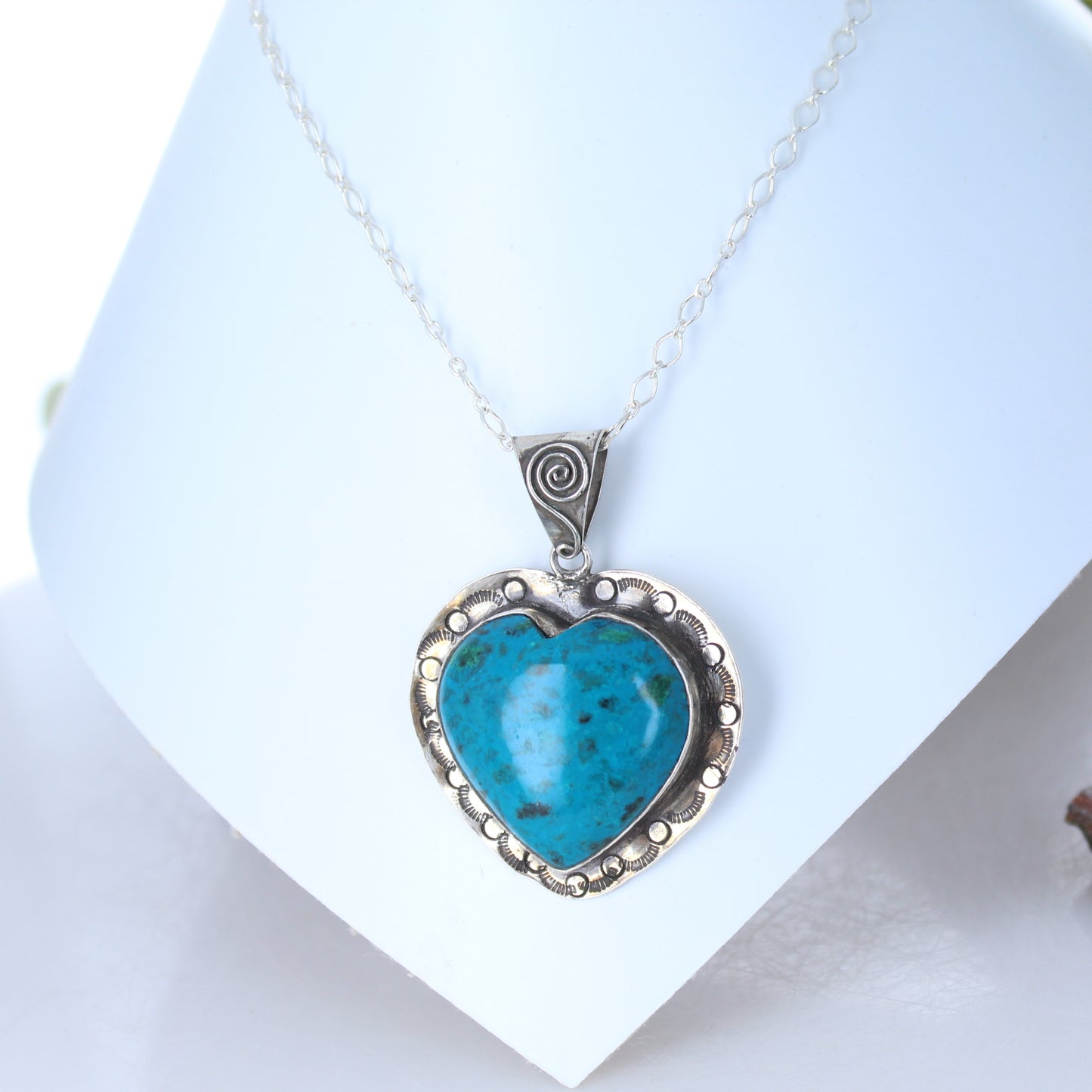 HEART PENDANT Chrysocolla Sterling Southwest Pendant Stamped Designs -NewWorldGems