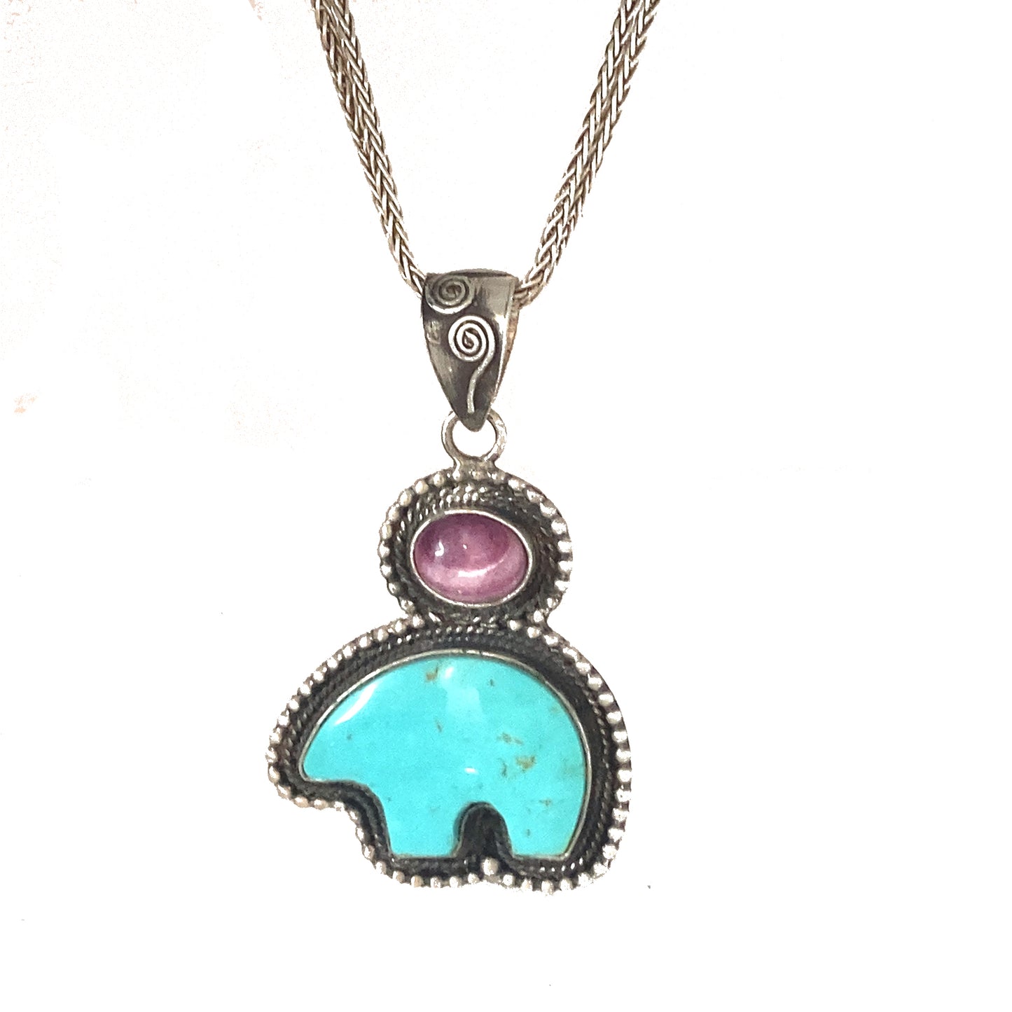 Kingman Turquoise Purple Spiny Oyster ZUNI BEAR PENDANT Sterling -NewWorldGems
