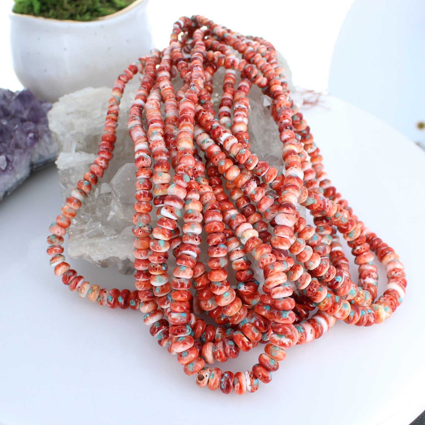 Red Spiny Oyster Beads With Turquoise Inlay 16" Graduated 4-8mm -NewWorldGems