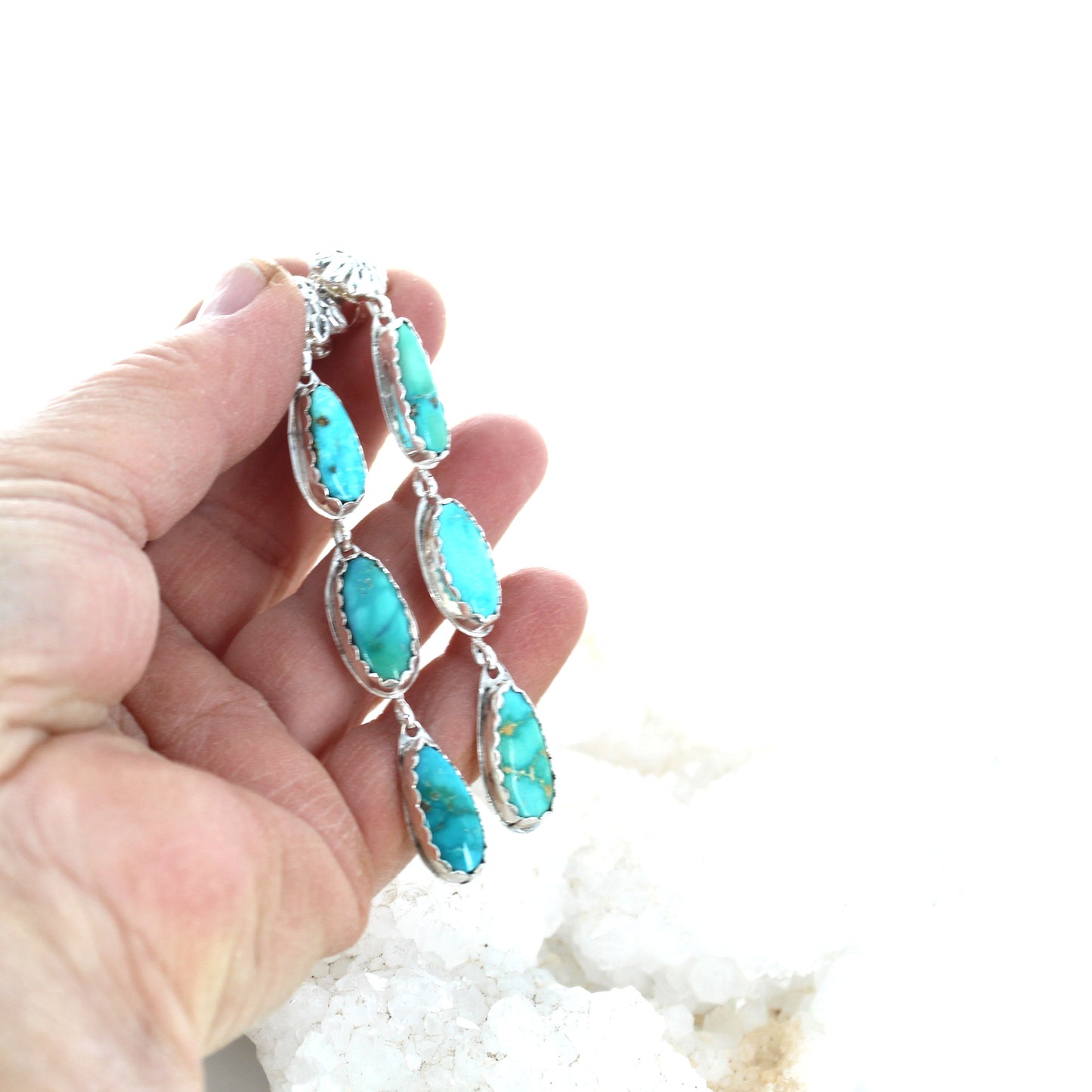 Emerald Valley Turquoise Earrings 3 Stone Dangles Floral Post -NewWorldGems