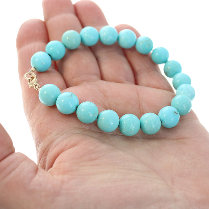 Robins Egg Blue Mexican Turquoise Round Beads Bracelet 14K Gold -NewWorldGems